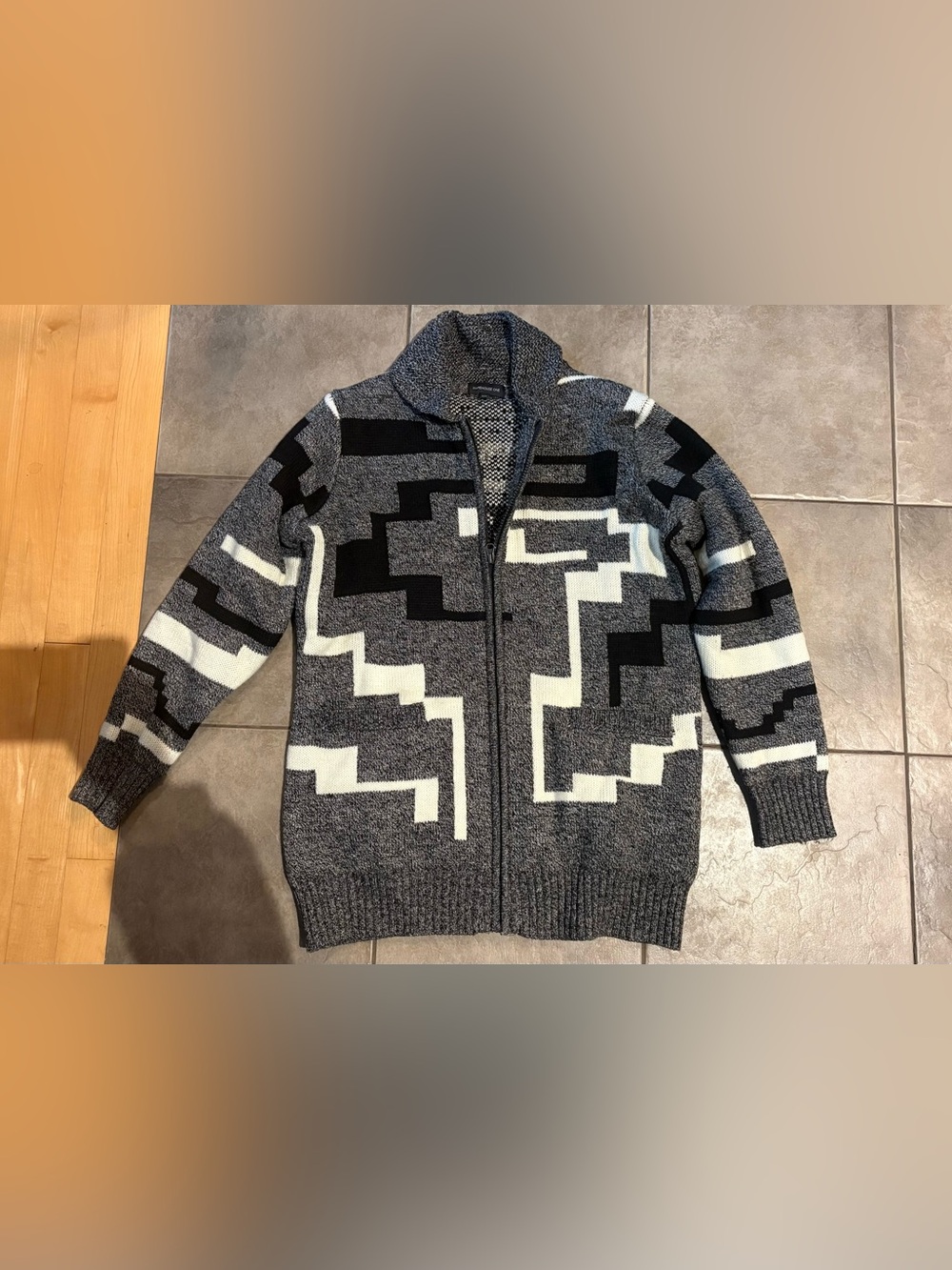 Warehouse women’s Geometric Zip-Up Sweater Cardigan - Gray/Black/White